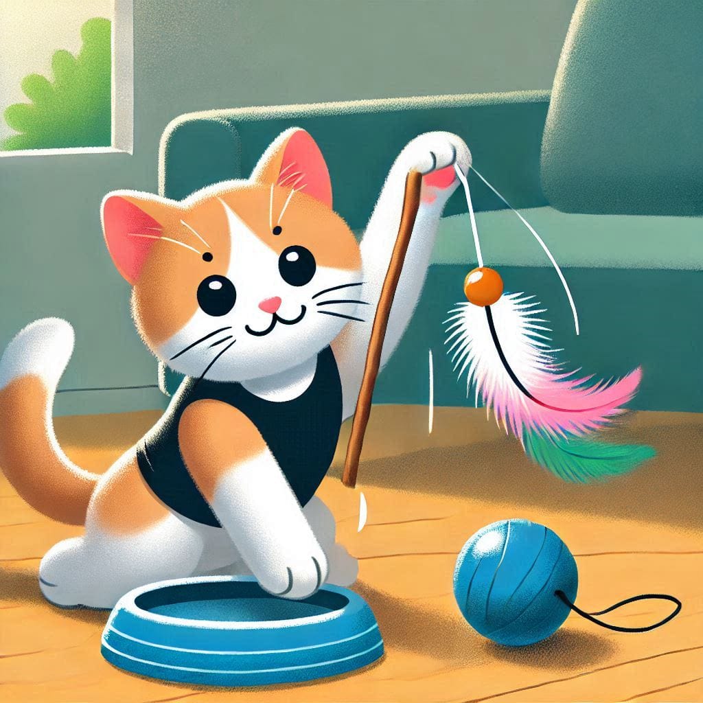 A cat playfully batting at a feather toy for exercise