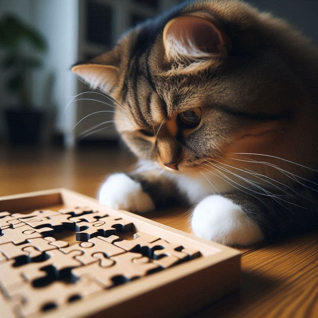 A cat interacting with a puzzle toy, focusing on mental stimulation