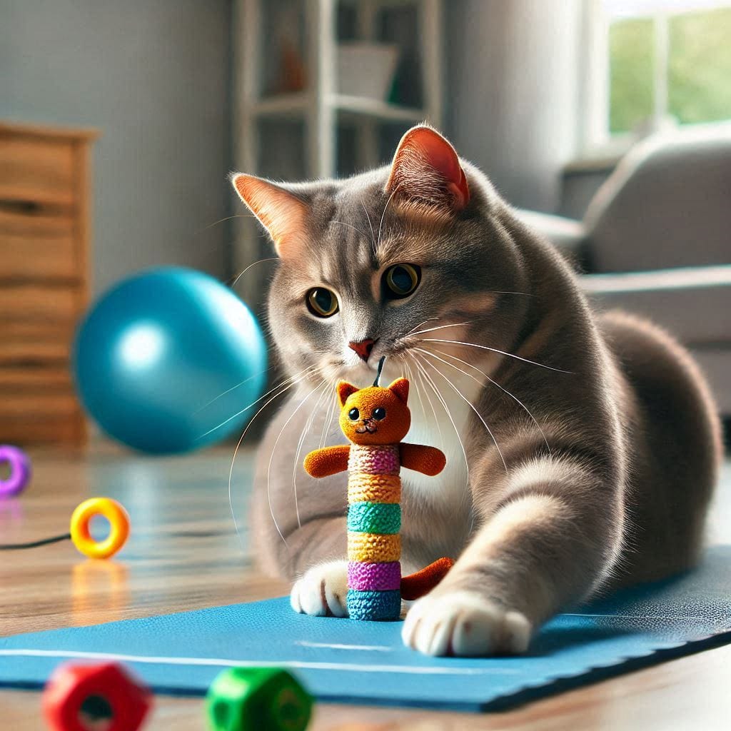 A cat playing with a feather toy as part of a regular exercise routine